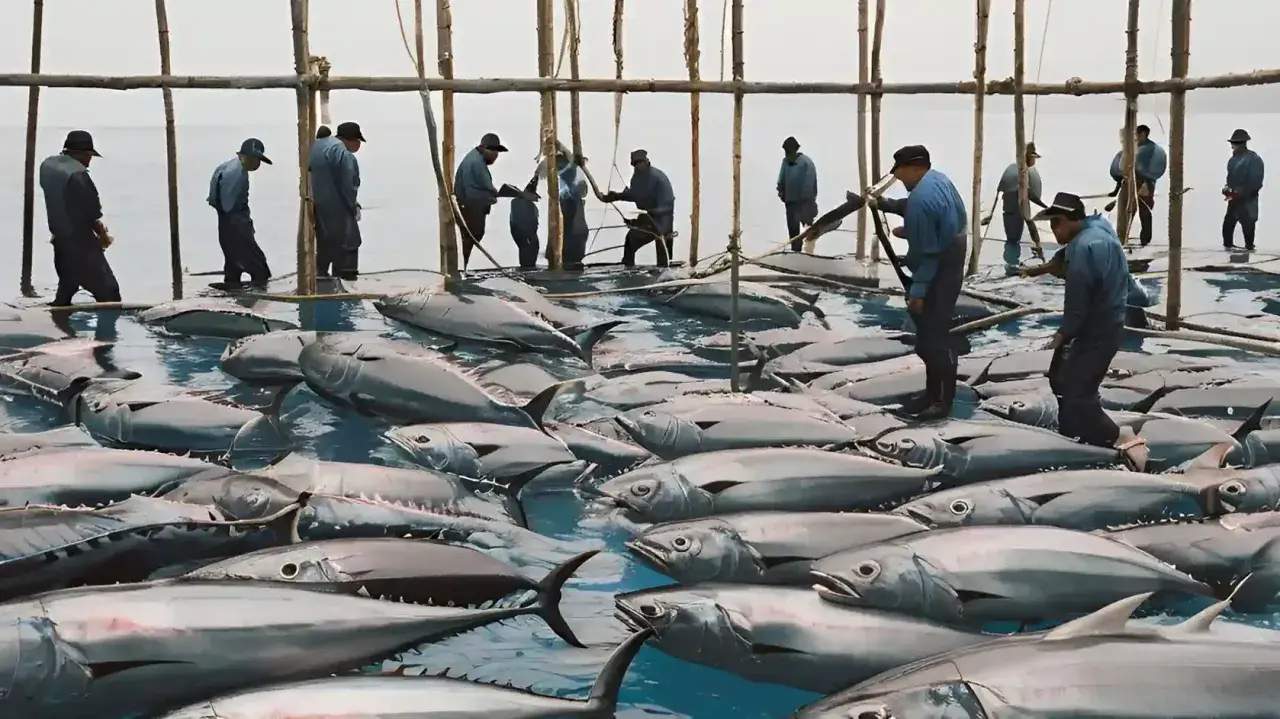 Uomini in piedi nell'acqua gestiscono un grande allevamento di tonni.
