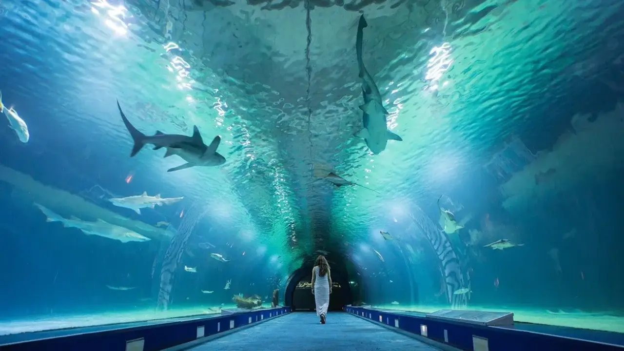 Tunnel sottomarino nell'Oceanogràfic di Valencia, con squali e altri animali marini che nuotano sopra una donna.