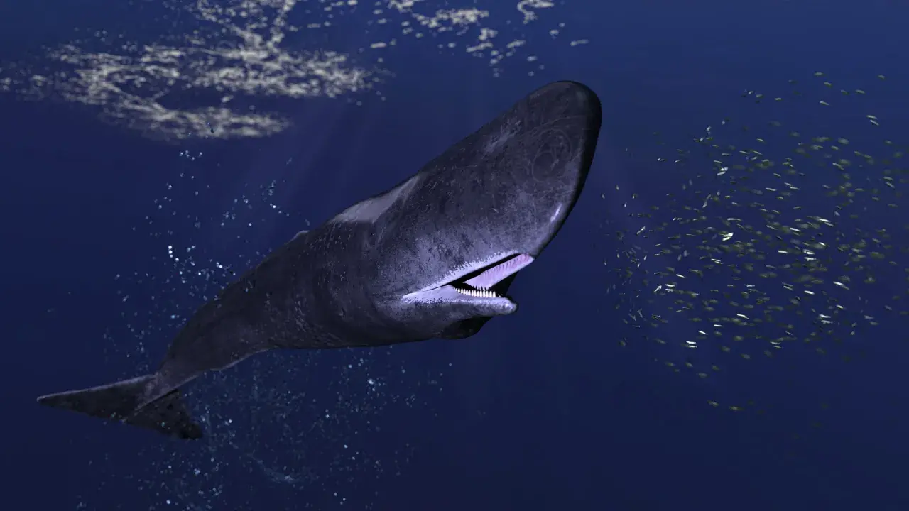 Un capodoglio più grande del mondo nuota nell'oceano blu, circondato da un banco di pesci scintillanti.