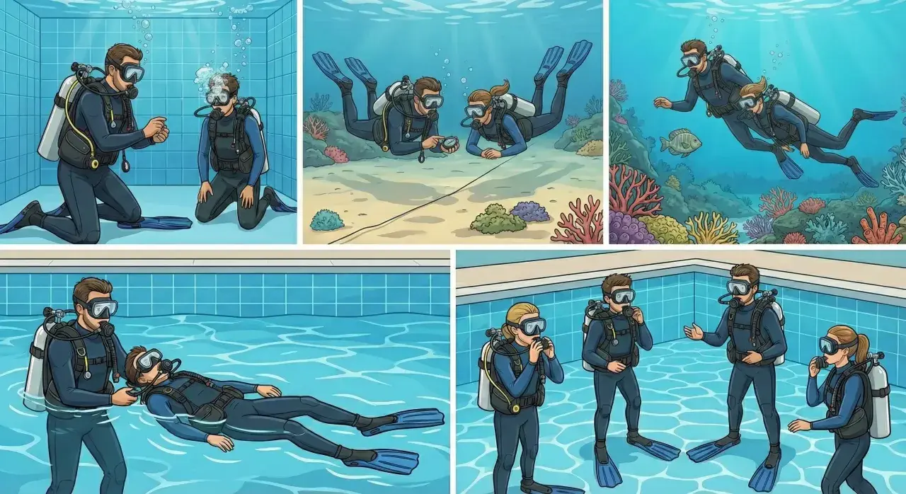 Un sommozzatore, con la sua attrezzatura, impara e pratica immersioni in piscina e in mare, esplorando fondali marini e imparando tecniche di sicurezza.