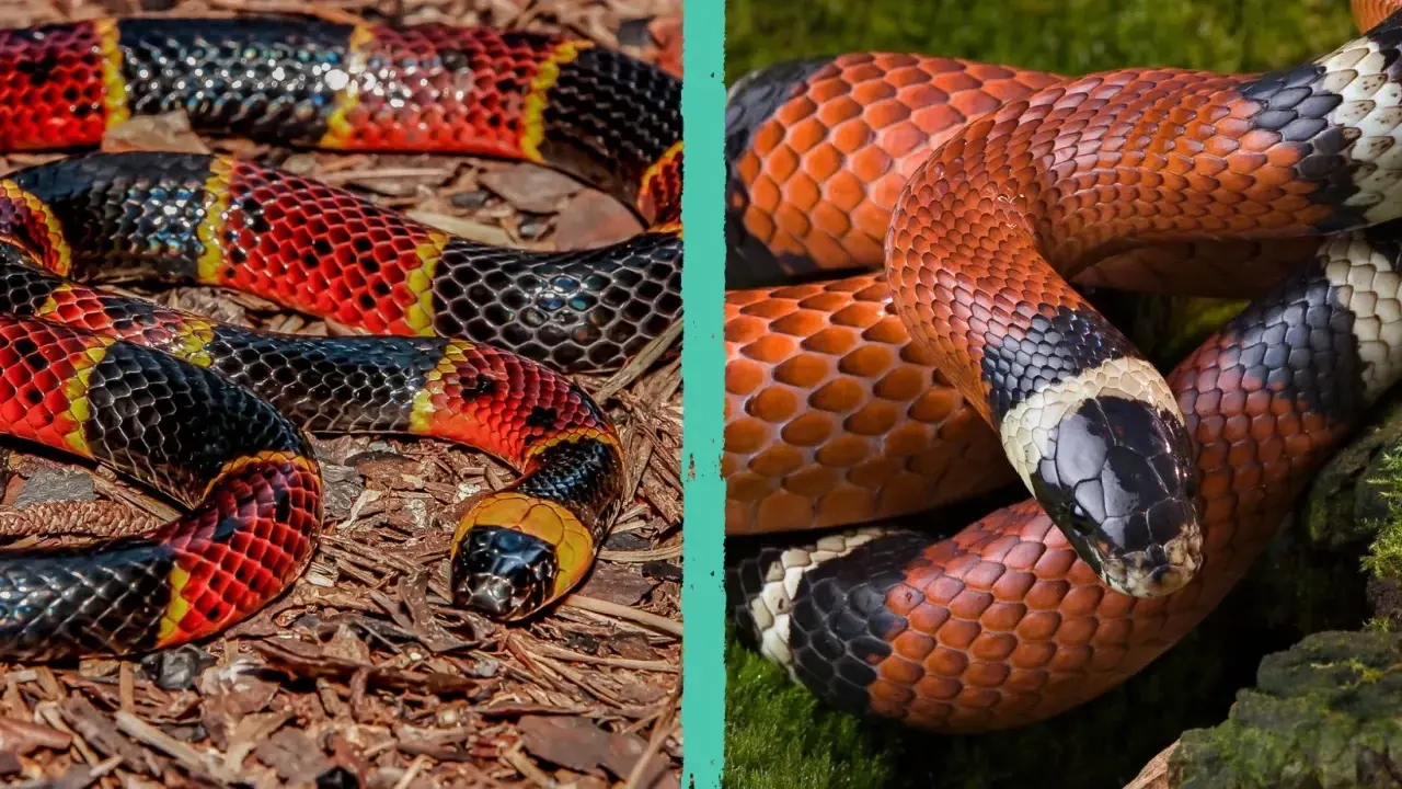 Serpenti corallo: come capire se il corallo è vero? Due serpenti colorati, uno su terra, l'altro su muschio, mostrano le loro squame vivaci.