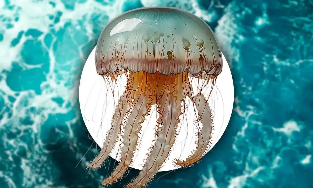 Una medusa trasparente con lunghi tentacoli fluttua nell'acqua turchese. Un promemoria di quando ci sono le meduse in mare.