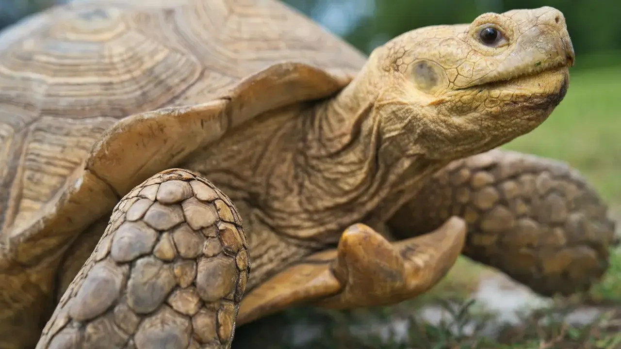 Close-up of a tortoise's head and shell, showing its textured skin and patterned carapace.