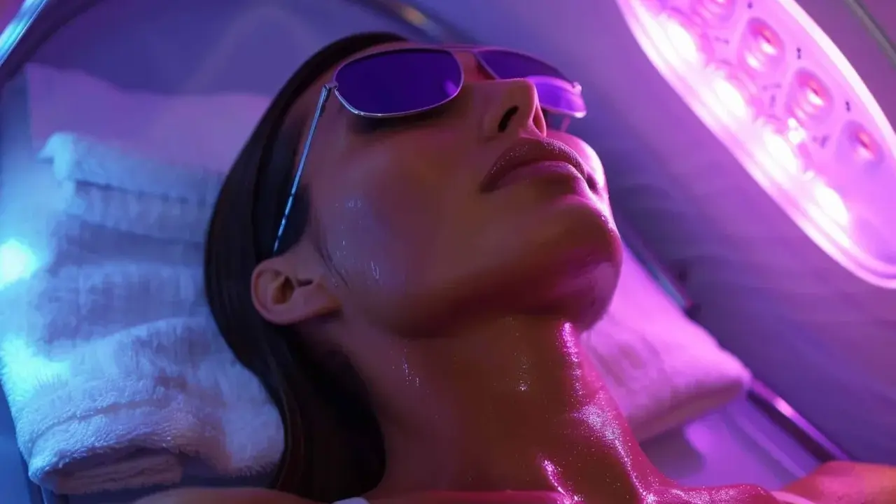 Donna con occhiali da sole si gode l'abbronzatura da lampada, illuminata da luci viola e blu.