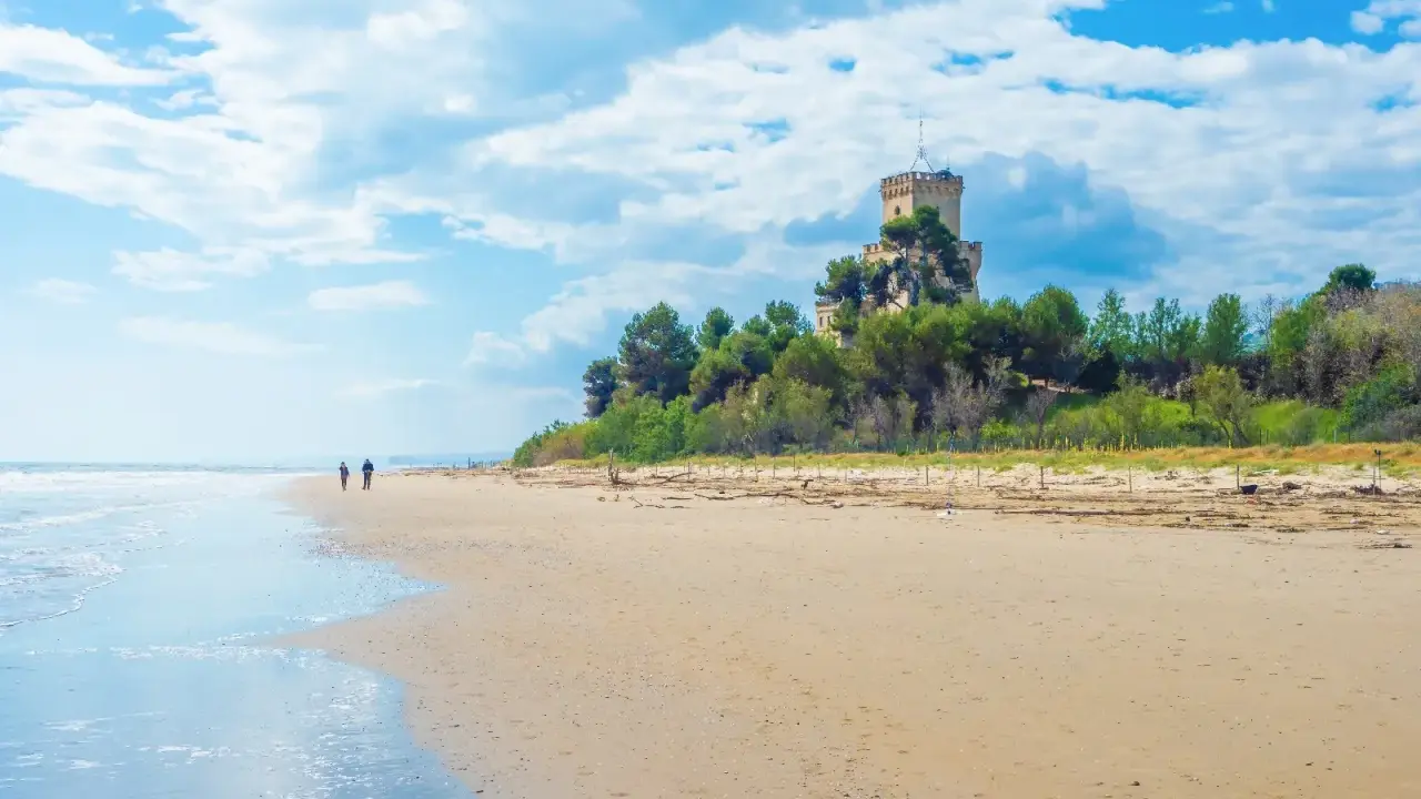 Passeggiata sulla spiaggia di Pineto mare, con un castello in lontananza tra i pini.