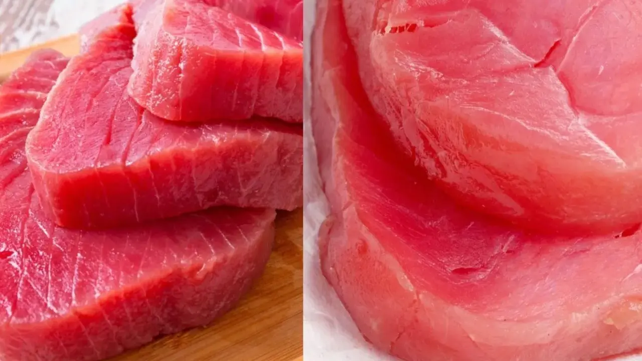 Fette di tonno pinna gialla mediterraneo, fresche e succulente, pronte per essere gustate.