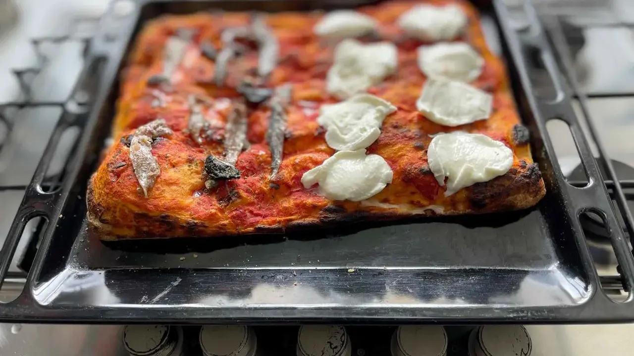 Pizza fatta in casa con pomodoro, acciughe e mozzarella appena sfornata su una teglia.