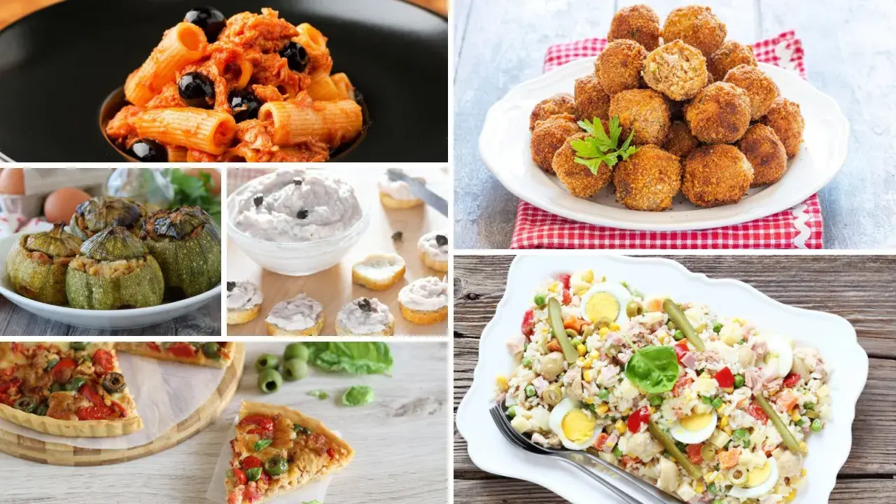 Collage di piatti: pasta al sugo e olive, polpette, zucchine ripiene, tartine, pizza e insalata di riso con specie di tonno.