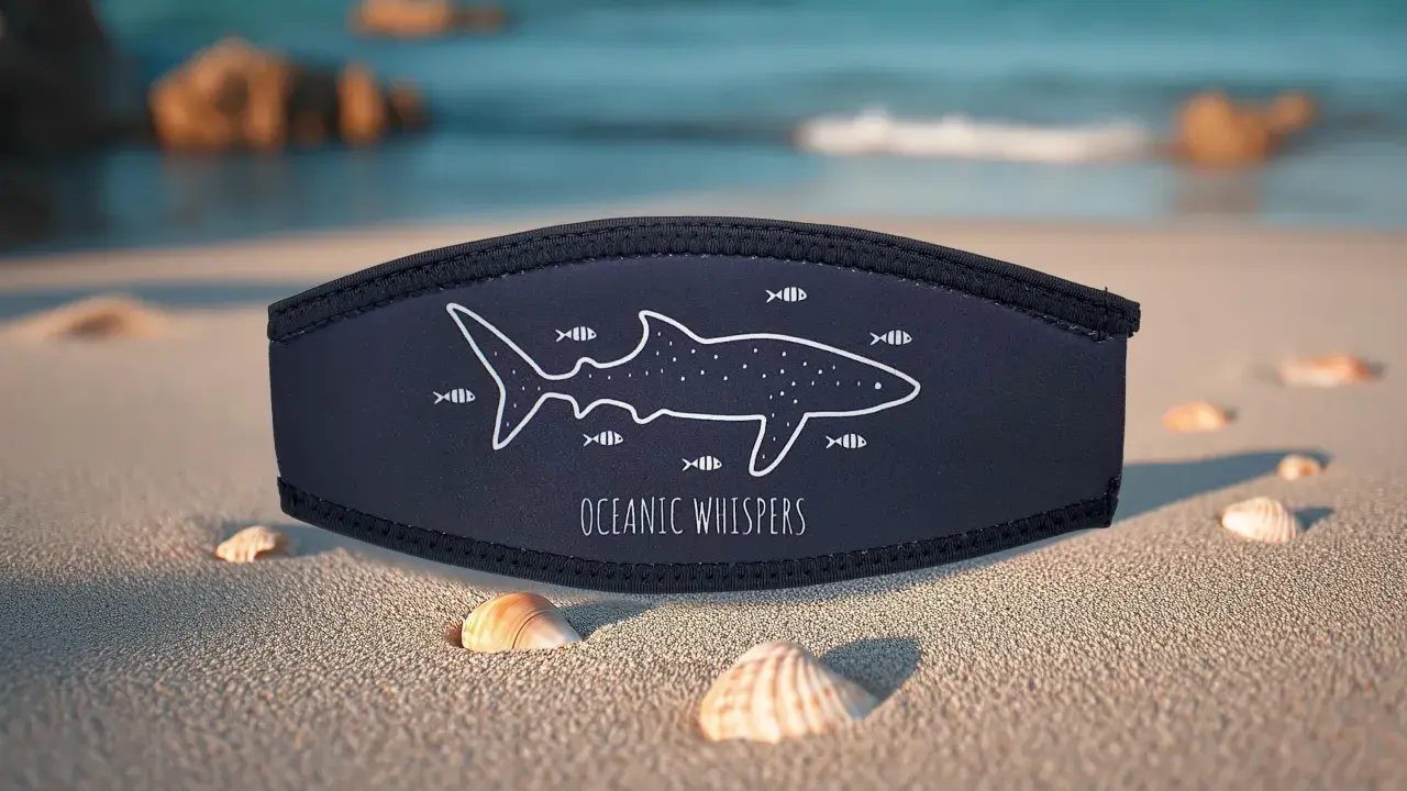 Fascia blu con disegno di squalo e pesci, "Oceanic Whispers". Potrebbe essere un repellente per squali per un'esperienza marina serena.