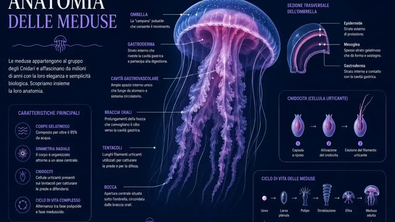 Medusa con numerosi tentacoli che usa per cacciare. L'anatomia mostra quanti tentacoli ha la medusa e le sue parti.
