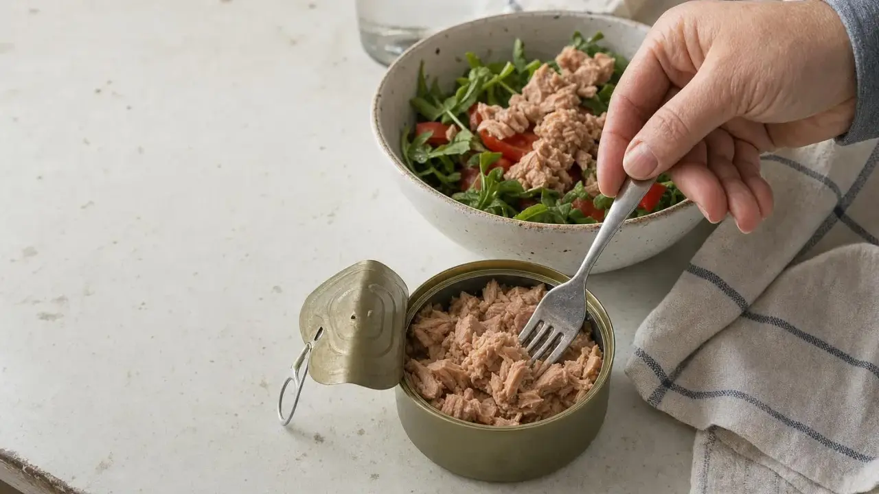Una mano prende il tonno da una scatoletta aperta per aggiungerlo a un'insalata. Quanto tonno mangiare? Una porzione sana per un pasto leggero.