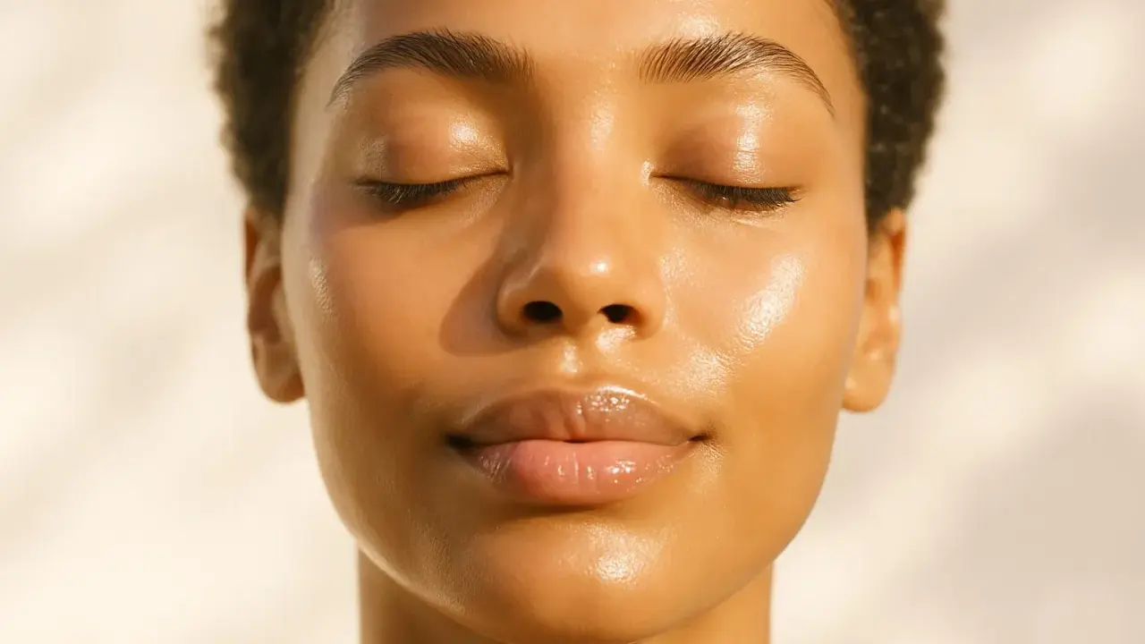 Viso di donna con pelle luminosa e occhi chiusi. La luce del sole esalta i riflessi, ma non mi abbronzo più come una volta.