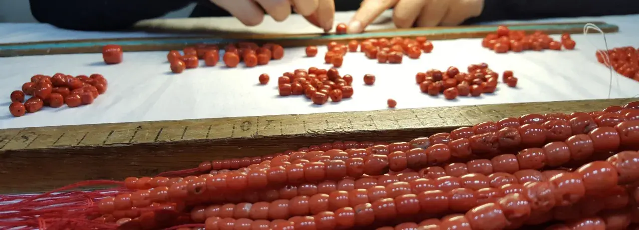 Mani che selezionano perle di corallo rosso, un processo che ricorda come si pulisce il corallo per creare gioielli.