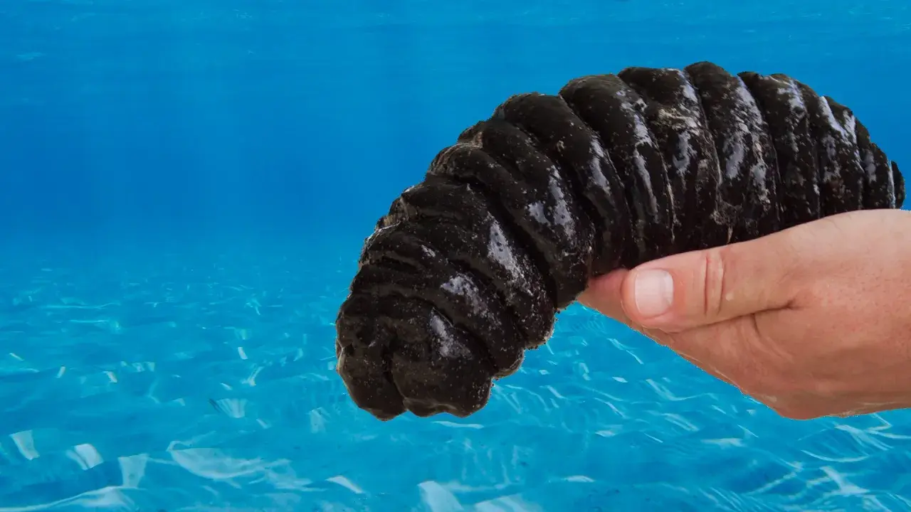 Mano tiene un cetriolo di mare scuro, pronto per essere cucinato. I cetrioli di mare si mangiano in molte culture.