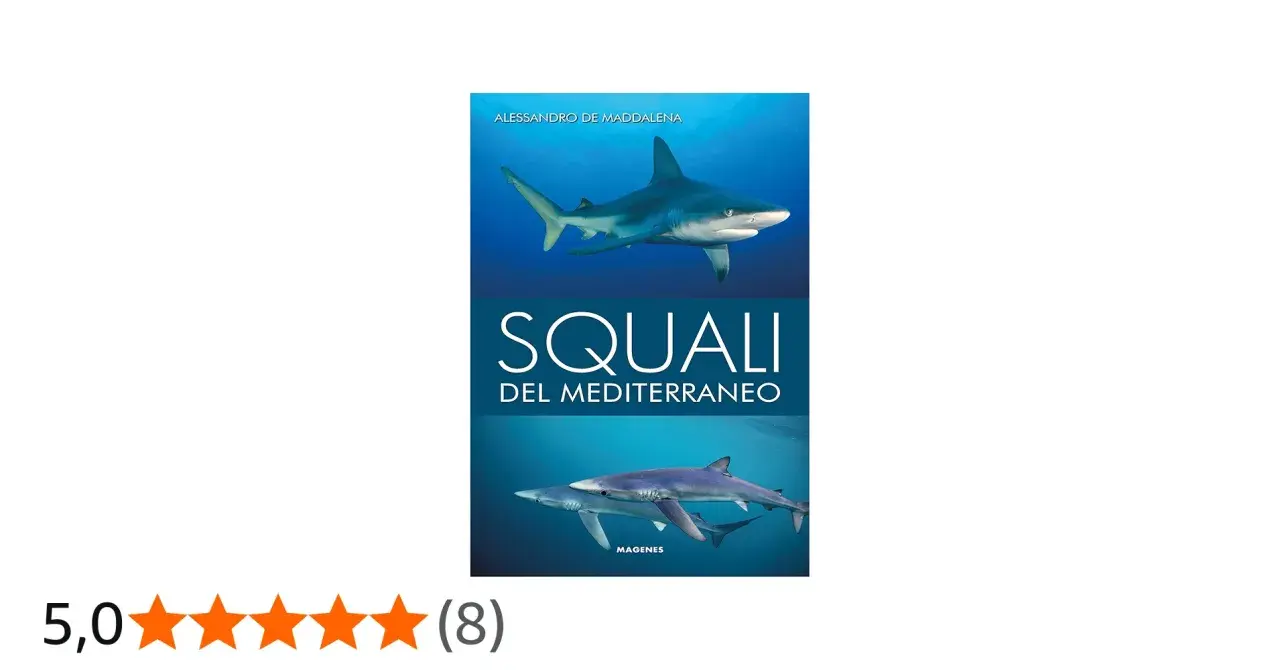 Copertina libro "Squali del Mediterraneo" con immagini di squali non pericolosi.