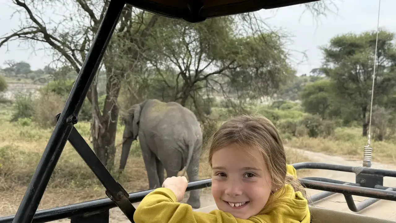 Un'avventura indimenticabile a Zanzibar con bambini: un elefante appare sullo sfondo mentre una bambina sorride dal fuoristrada.