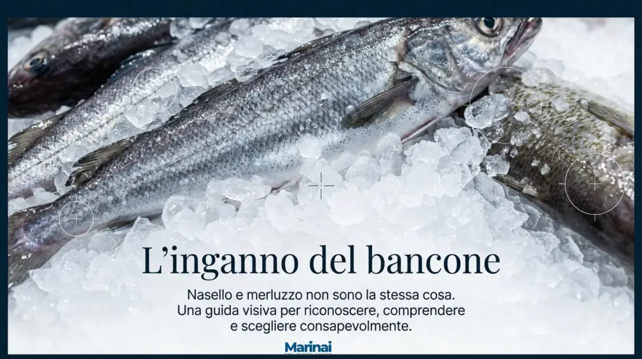 Merluzzi freschi su ghiaccio. Scopri quanto pesa un merluzzo e come distinguerlo dal nasello per fare acquisti consapevoli.