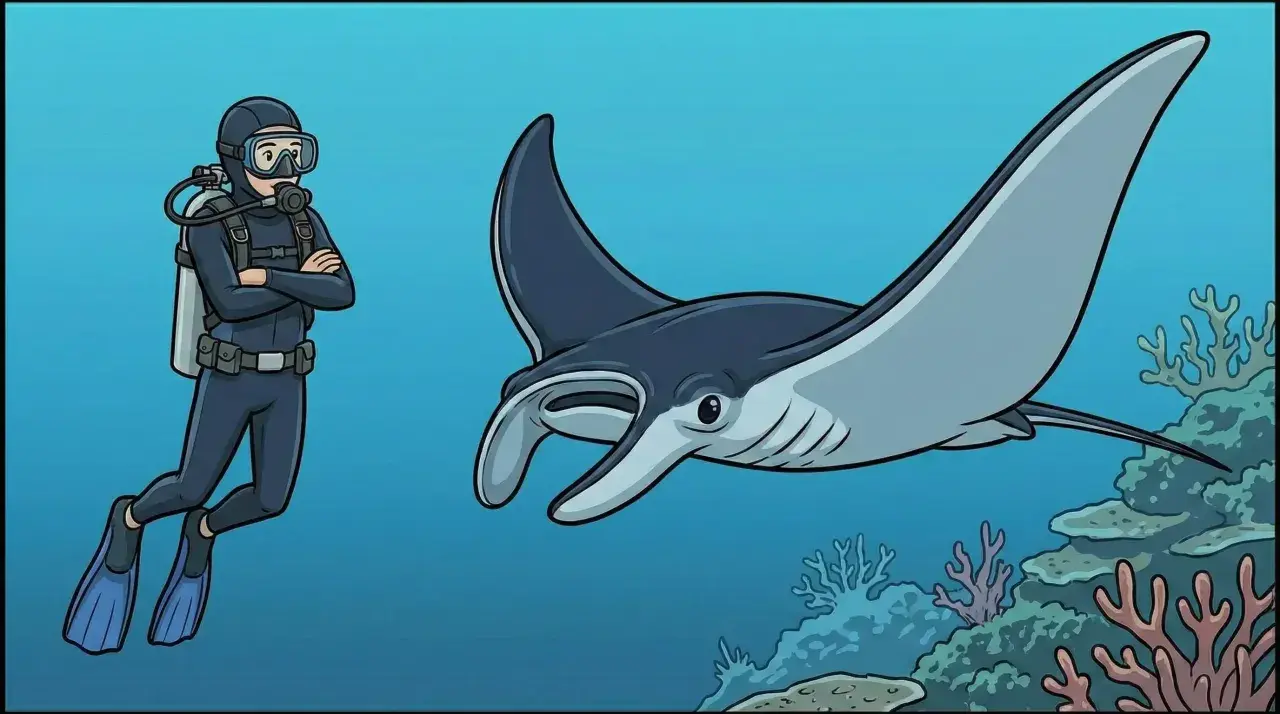 Subacqueo osserva una manta, uno dei magnifici animali dell'oceano, nuotare tra coralli colorati.