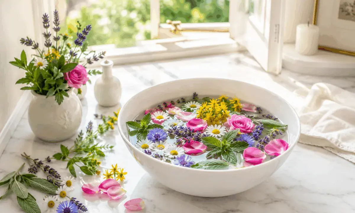 Un rituale estivo: come si prepara l'acqua di San Giovanni con fiori freschi, erbe aromatiche e petali galleggianti in una ciotola d'acqua.