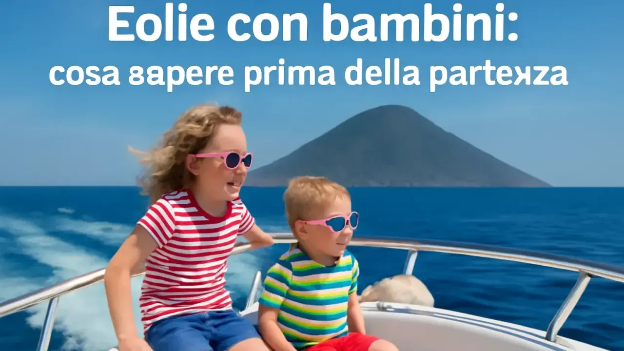 Bambini felici in barca alle Isole Eolie, con un vulcano sullo sfondo. Perfetto per una vacanza in famiglia!