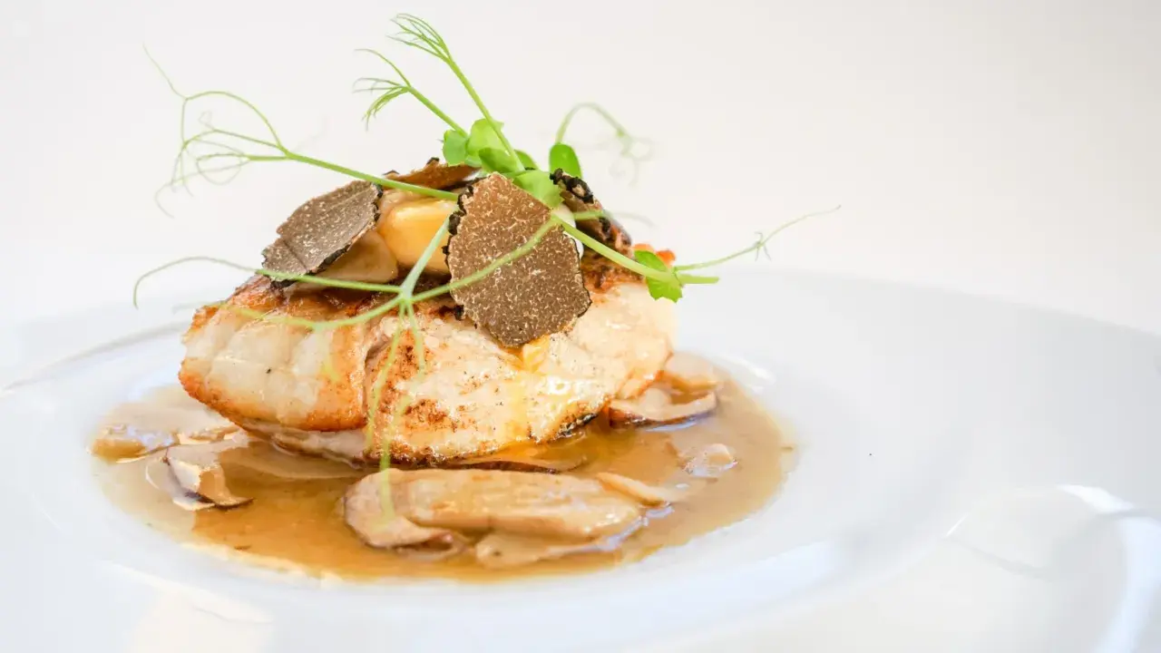 Un succulento mero pescado, guarnito con tartufo e germogli freschi, adagiato su un letto di funghi e salsa cremosa.