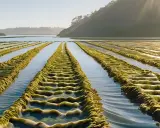 Fila di alghe coltivate in mare, un esempio di acquacoltura che si differenzia dall'itticoltura.
