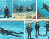 Un sommozzatore, con la sua attrezzatura, impara e pratica immersioni in piscina e in mare, esplorando fondali marini e imparando tecniche di sicurezza.