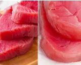 Fette di tonno pinna gialla mediterraneo, fresche e succulente, pronte per essere gustate.