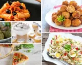 Collage di piatti: pasta al sugo e olive, polpette, zucchine ripiene, tartine, pizza e insalata di riso con specie di tonno.