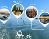 Esplora il Friuli Venezia Giulia via mare: Lignano, Aquileia, Grado e Trieste. Icone di nave e bici suggeriscono itinerari.