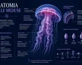 Medusa con numerosi tentacoli che usa per cacciare. L'anatomia mostra quanti tentacoli ha la medusa e le sue parti.