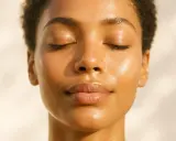 Viso di donna con pelle luminosa e occhi chiusi. La luce del sole esalta i riflessi, ma non mi abbronzo più come una volta.