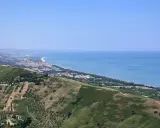 Panoramica collinare con uliveti e vigneti che scende verso la costa adriatica, con la città di Teramo e il mare sullo sfondo.