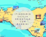 Mappa dell'itinerario in Sicilia orientale con bambini, che mostra Etna, Taormina, Siracusa e altre località.