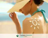 Donna con cappello di paglia e crema solare a forma di sole sulla spalla, per proteggere la pelle dal sole.