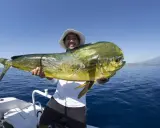Un pescatore sorridente mostra un grande lampuga, un esempio di cosa si pesca in Sicilia, con il mare blu e una costa all'orizzonte.