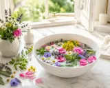 Un rituale estivo: come si prepara l'acqua di San Giovanni con fiori freschi, erbe aromatiche e petali galleggianti in una ciotola d'acqua.