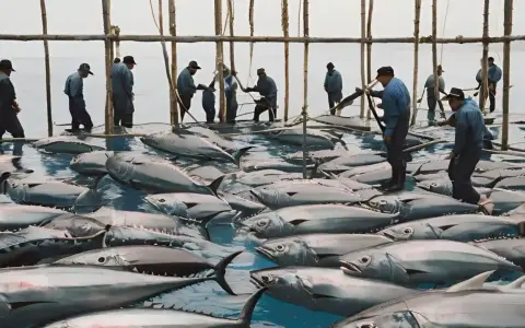 Uomini in piedi nell'acqua gestiscono un grande allevamento di tonni.