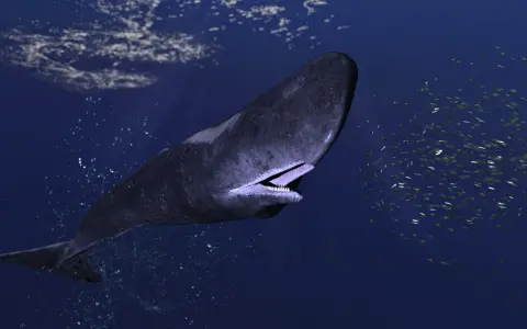Un capodoglio più grande del mondo nuota nell'oceano blu, circondato da un banco di pesci scintillanti.