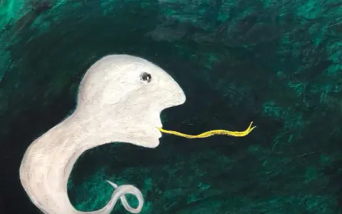 Creatura bianca con lingua gialla su sfondo verde scuro. Forse le stelle marine hanno il cervello, ma questa creatura sembra pensierosa.