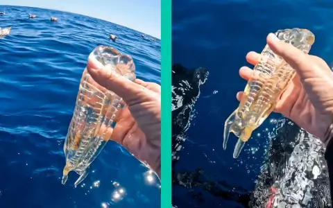 Mano che tiene un organismo gelatinoso trasparente, simile ad animali come le meduse, in mare. A sinistra, gabbiani galleggiano sull'acqua.
