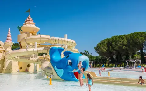 Un parco acquatico con scivoli a forma di castello e balena blu, ideale per campeggi in Toscana sul mare per bambini.