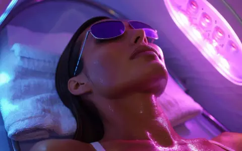 Donna con occhiali da sole si gode l'abbronzatura da lampada, illuminata da luci viola e blu.