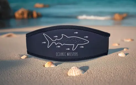 Fascia blu con disegno di squalo e pesci, "Oceanic Whispers". Potrebbe essere un repellente per squali per un'esperienza marina serena.