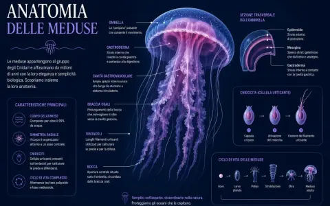Medusa con numerosi tentacoli che usa per cacciare. L'anatomia mostra quanti tentacoli ha la medusa e le sue parti.