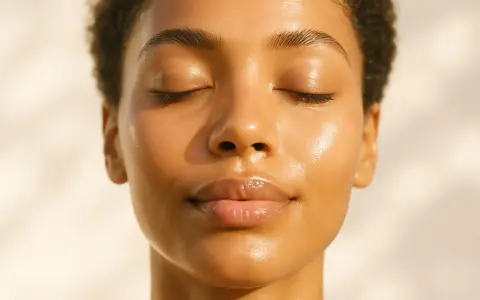 Viso di donna con pelle luminosa e occhi chiusi. La luce del sole esalta i riflessi, ma non mi abbronzo più come una volta.