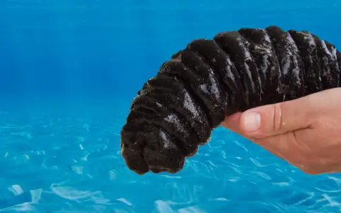 Mano tiene un cetriolo di mare scuro, pronto per essere cucinato. I cetrioli di mare si mangiano in molte culture.