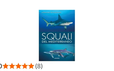 Copertina libro "Squali del Mediterraneo" con immagini di squali non pericolosi.