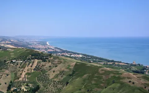 Panoramica collinare con uliveti e vigneti che scende verso la costa adriatica, con la città di Teramo e il mare sullo sfondo.