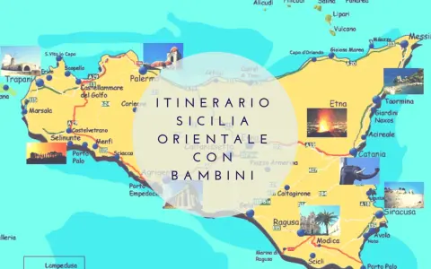 Mappa dell'itinerario in Sicilia orientale con bambini, che mostra Etna, Taormina, Siracusa e altre località.